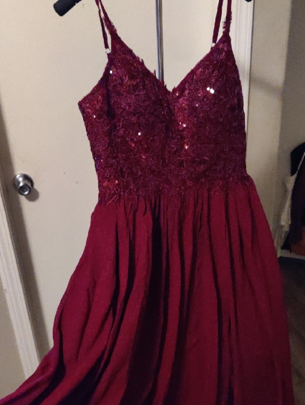 Burgundy Beaded Spaghetti-Strap Prom Gown with High Slit - Picture 2 of 7